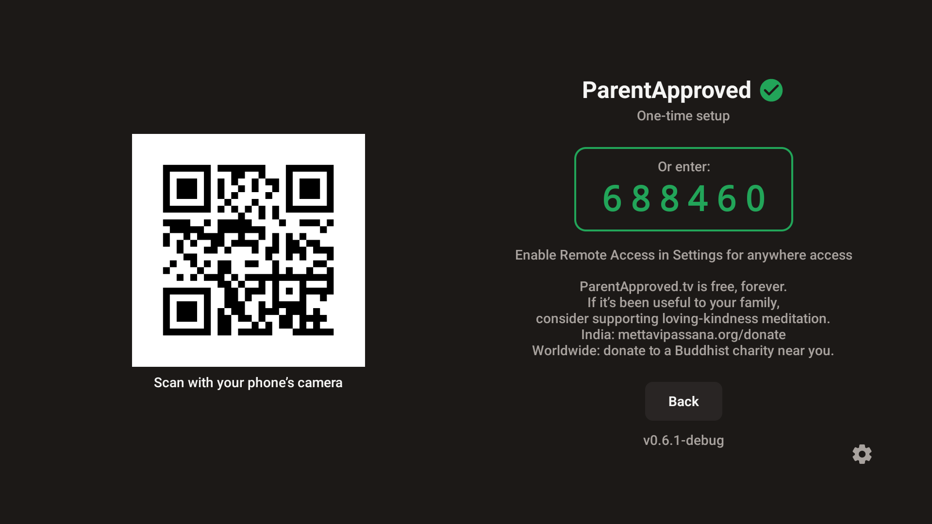 QR code on TV screen — scan with your phone to connect