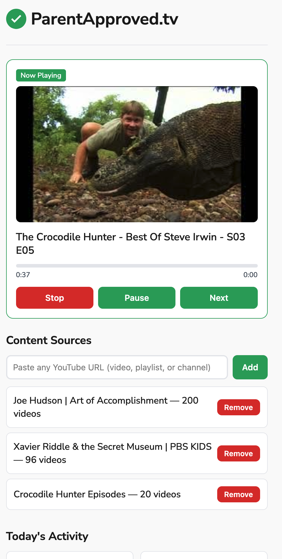 ParentApproved.tv parent dashboard on phone — now playing, playlists, playback controls, watch activity