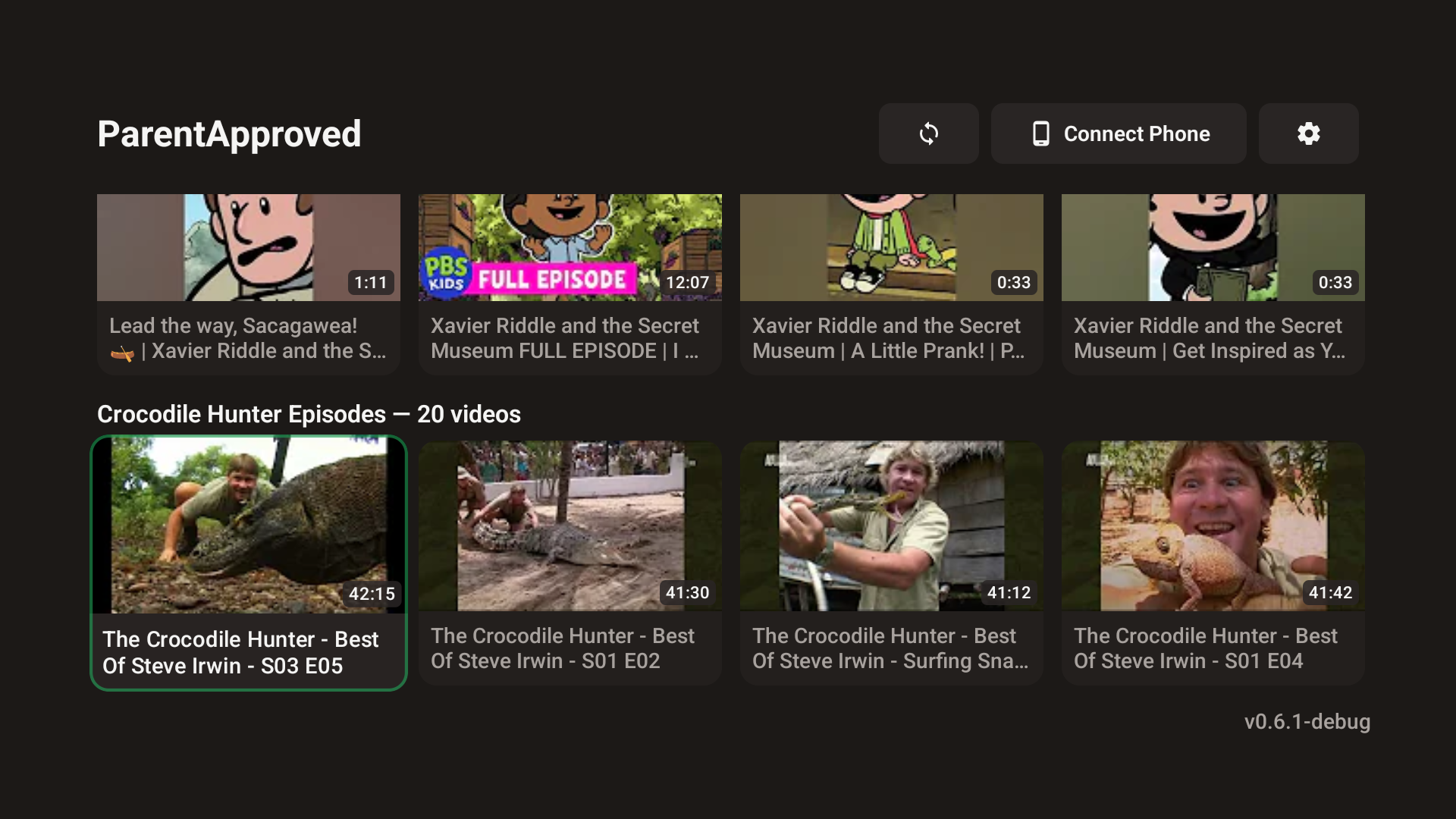 ParentApproved.tv home screen showing parent-curated video playlists on Android TV